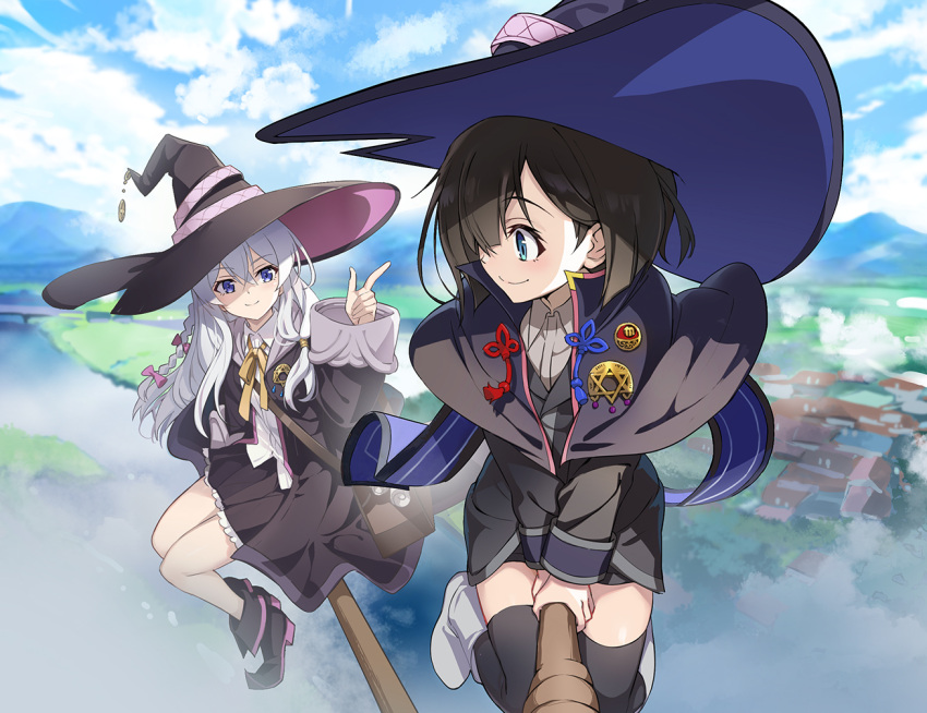 2girls black_hair blue_eyes bow brooch broom broom_riding clouds elaina_(majo_no_tabitabi) flying hair_bow hat jewelry long_hair looking_at_another majo_no_tabitabi multiple_girls neck_ribbon nyoro_(nyoronyoro000) ribbon saya_(majo_no_tabitabi) shoes short_hair skirt sky smile thigh-highs violet_eyes white_hair witch witch_hat