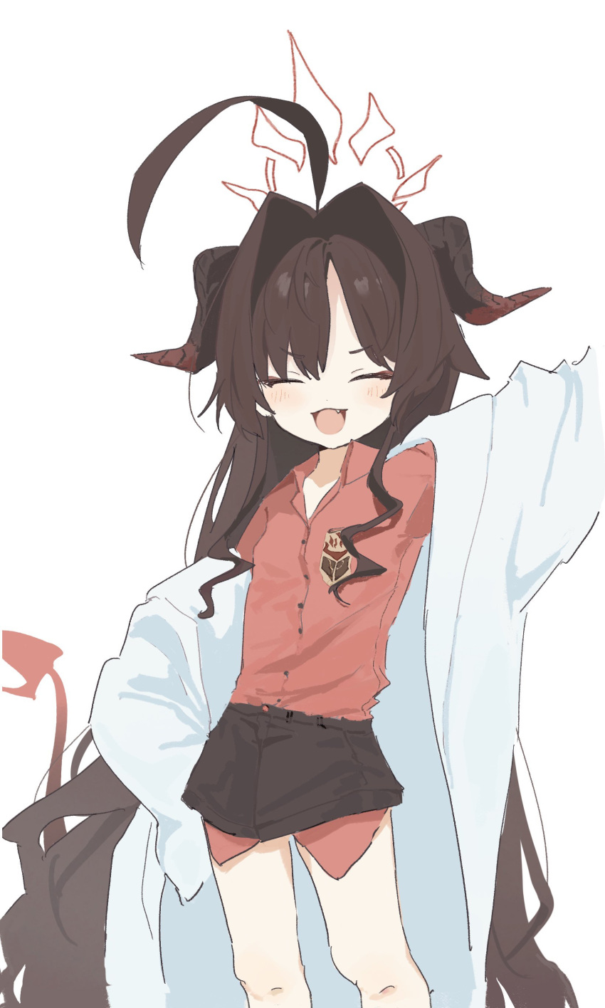 1girl absurdres ahoge black_hair black_horns black_shorts blue_archive blush closed_eyes coat demon_horns demon_tail facing_viewer fang flat_chest hair_intakes halo highres horns huge_ahoge kasumi_(blue_archive) lab_coat long_hair nemuri_oekaki open_mouth oversized_clothes red_shirt shirt shirt_tucked_in short_shorts shorts simple_background sketch sleeves_past_fingers sleeves_past_wrists solo tail very_long_hair white_background white_coat