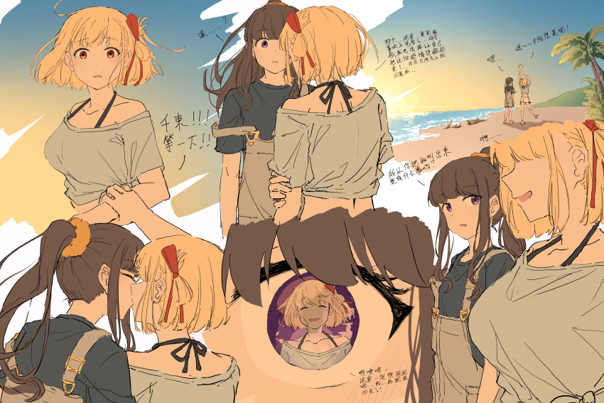 absurdres beach bikini bikini_under_clothes black_hair blonde_hair blue_overalls blue_shirt blush bob_cut breasts chinese_text close-up commentary cowboy_shot english_commentary eye_reflection fafayu floating_hair grabbing_own_arm hair_ribbon highres inoue_takina kiss large_breasts long_hair looking_at_viewer lycoris_recoil nishikigi_chisato ocean one_side_up open_mouth outdoors overalls palm_tree parted_lips ponytail red_eyes red_ribbon reflection ribbon shirt short_hair sidelocks single_off_shoulder sunset swimsuit tearing_up translation_request tree upper_body violet_eyes wide-eyed yuri