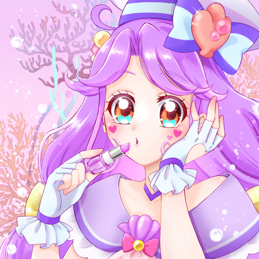 1girl air_bubble bow bubble capelet choker clothing_cutout coral cosmetics cure_coral facial_mark fingerless_gloves fujisaki_star gloves hair_bobbles hair_bow hair_ornament hand_on_own_face hat hat_bow heart heart_cutout highres holding holding_lipstick_tube lipstick_tube long_hair looking_at_viewer low_twintails magical_girl orange_eyes precure puckered_lips purple_capelet purple_choker purple_hair sailor_hat shell_brooch shell_hat_ornament solo suzumura_sango tropical-rouge!_precure twintails white_headwear yellow_bow