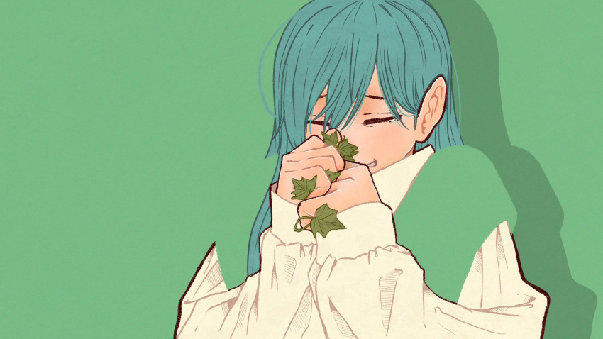 1girl alternate_costume aqua_hair blending closed_eyes collared_shirt green_background hair_behind_ear hatsune_miku highres holding holding_plant leaf long_hair parted_lips plant shadow shirt simple_background sleeves_past_wrists solo syooooyoooo upper_body vocaloid white_shirt