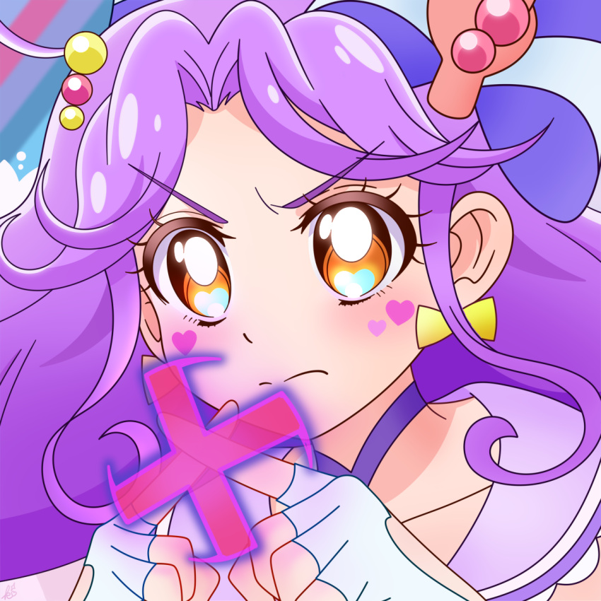 1girl bow bow_earrings choker closed_mouth clothing_cutout commentary crossed_fingers cure_coral earrings facial_mark fingerless_gloves frown gloves hat hat_bow heart heart_cutout heart_facial_mark heart_in_eye highres jewelry long_hair looking_to_the_side orange_eyes precure purple_choker sevenfold_fairytale shell_hat_ornament solo symbol_in_eye tropical-rouge!_precure v-shaped_eyebrows white_gloves