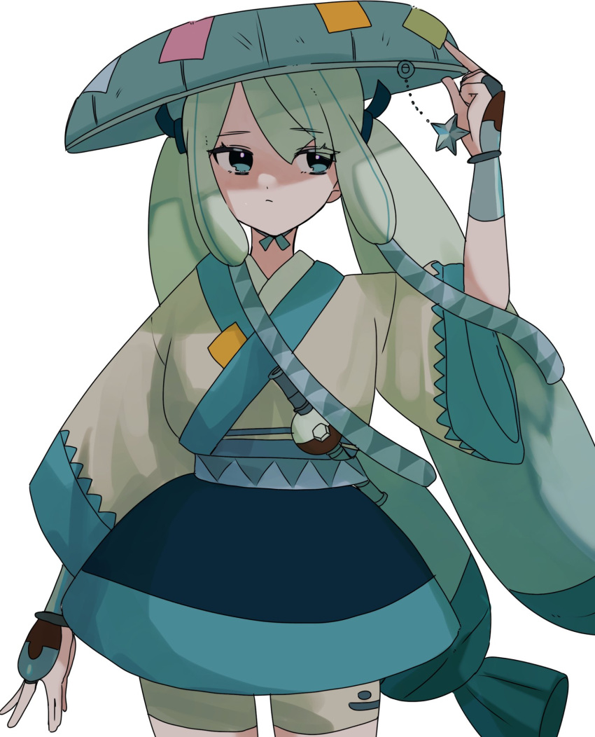 1girl adjusting_clothes adjusting_headwear aqua_hair arm_at_side blue_eyes blue_hair blue_headwear blue_skirt bright_pupils closed_mouth eyes_visible_through_hair flute frown hat hat_ornament hatsune_miku highres instrument japanese_clothes kimono legs_apart long_hair looking_to_the_side miniskirt multicolored_hair poke_flute pokemon project_voltage sandogasa shorts shorts_under_skirt simple_background skirt solo standing star_(symbol) star_hat_ornament steel_miku_(project_voltage) tanzaku twintails two-tone_hair very_long_hair vocaloid white_background white_hair white_kimono white_pupils white_shorts wide_sleeves ziraigirl