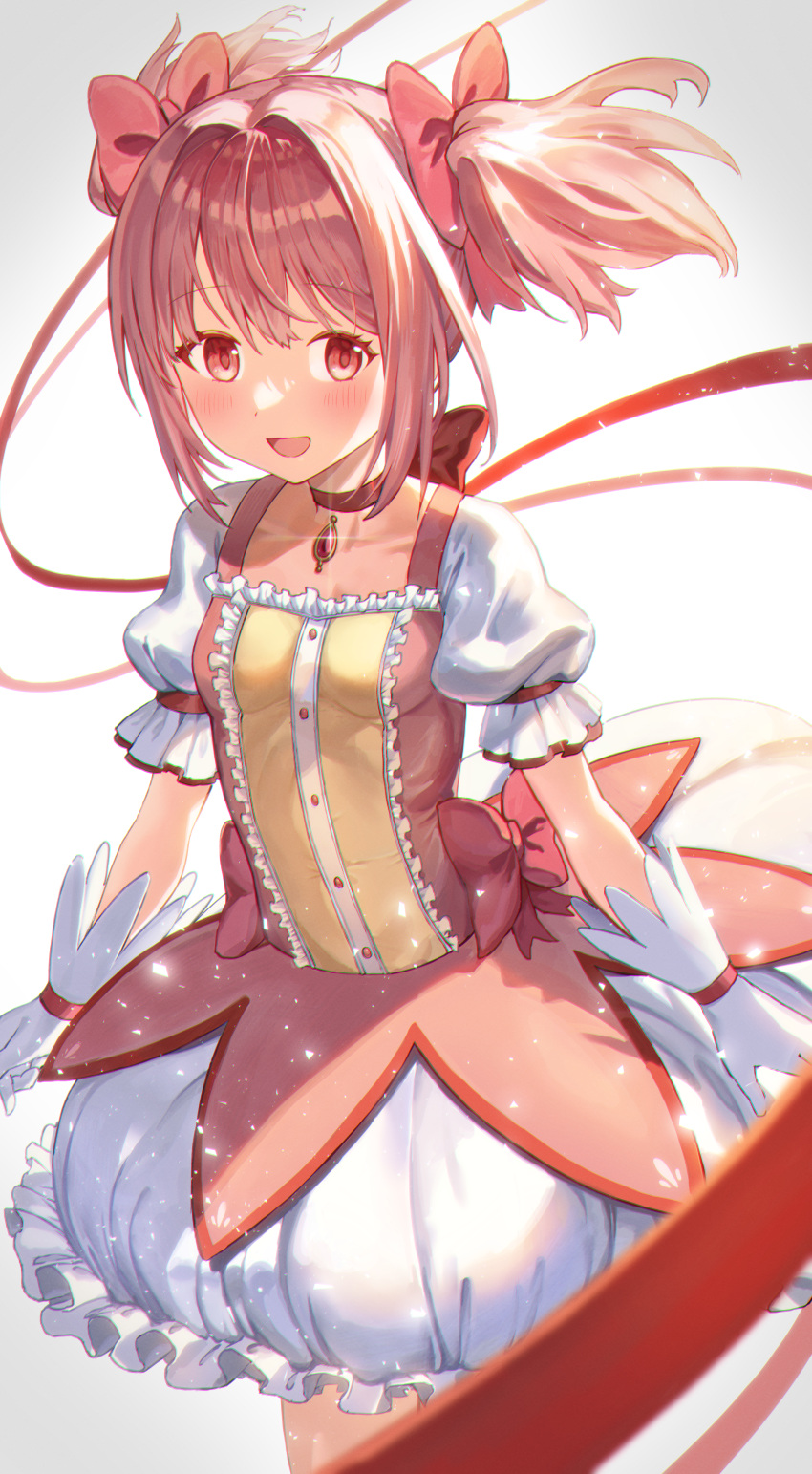 1girl absurdres blush bow breasts bubble_skirt choker cocoa_(ultra_mdk) cowboy_shot gloves hair_bow highres kaname_madoka looking_at_viewer magical_girl mahou_shoujo_madoka_magica mahou_shoujo_madoka_magica_(anime) open_mouth pink_eyes pink_hair puffy_short_sleeves puffy_sleeves red_bow red_ribbon ribbon ribbon_choker short_hair short_sleeves short_twintails simple_background skirt small_breasts smile solo soul_gem twintails white_background white_gloves