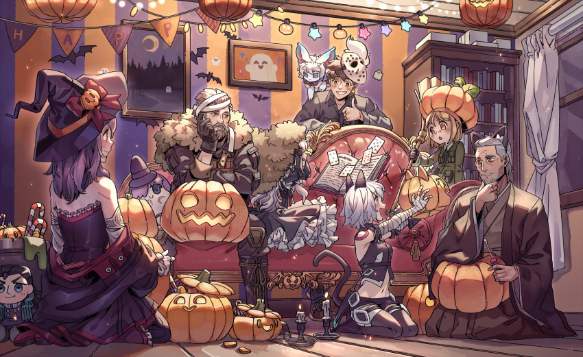 animal_ears animal_on_shoulder bandages banner beard black_hair blonde_hair bookshelf boots broom candle character_doll couch facial_hair fate/grand_order fate_(series) fou_(fate) fujimaru_ritsuka_(male) gloves grey_hair hakama halloween hand_on_own_chin hat helena_blavatsky_(fate) highres hockey_mask jack-o'-lantern jack_the_ripper_(fate/apocrypha) japanese_clothes kimono mash_kyrielight mask navel nikola_tesla_(fate) nursery_rhyme_(fate) painting_(object) paul_bunyan_(fate) pumpkin_hat purple_hair seiza sitting smile stroking_own_chin tail thigh_boots thumbs_up wenny02 white_hair william_tell_(fate) witch_hat yagyuu_munenori_(fate)
