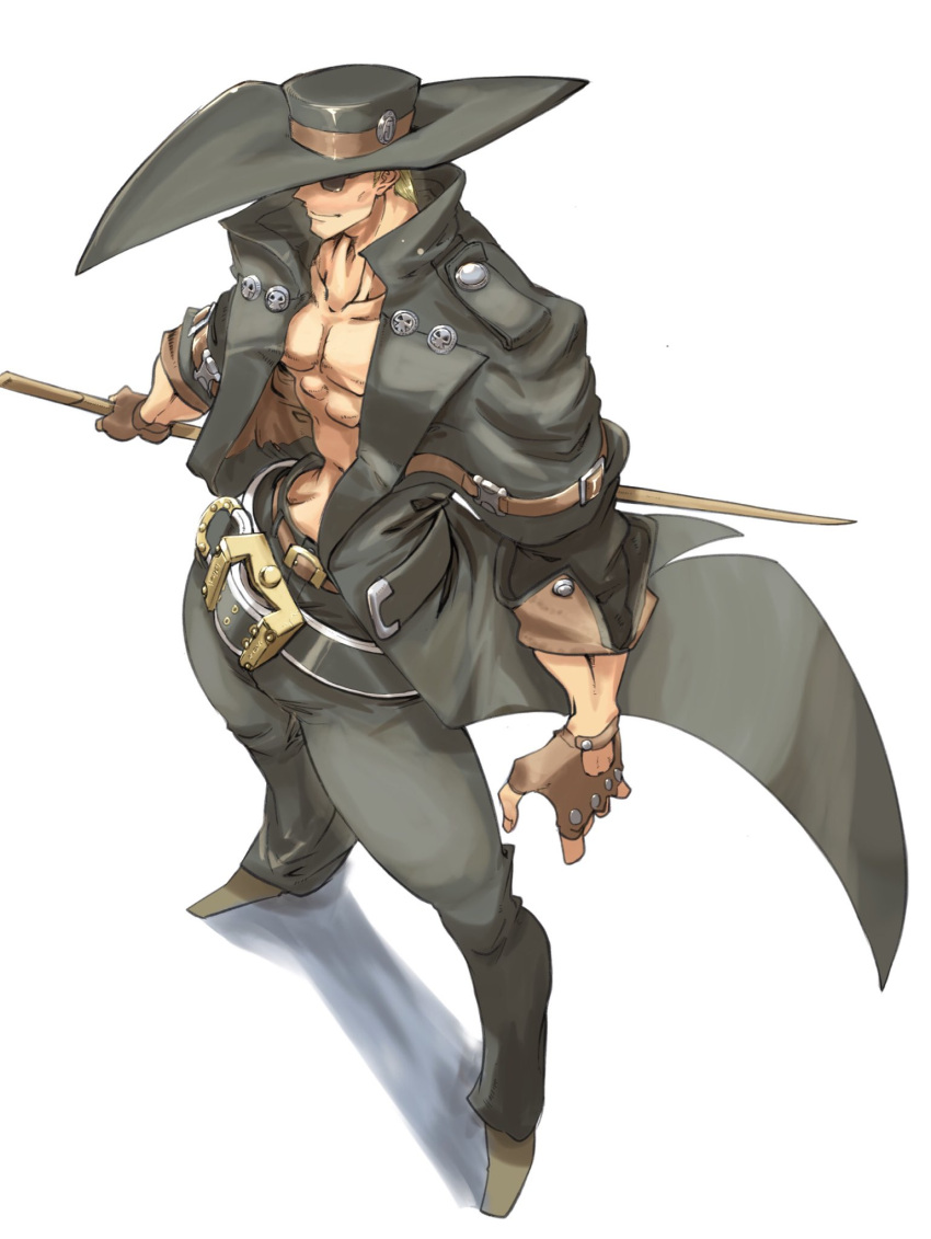 1boy abs belt black_jacket blonde_hair brown_gloves collarbone cowboy_hat fingerless_gloves glasses gloves guilty_gear guilty_gear_strive hat highres holding holding_sword holding_weapon jacket johnny_(guilty_gear) katana large_hat muscular muscular_male pants pectorals shaded_face sheath sheathed simple_background solo sunglasses sword tamotu_kun weapon white_background