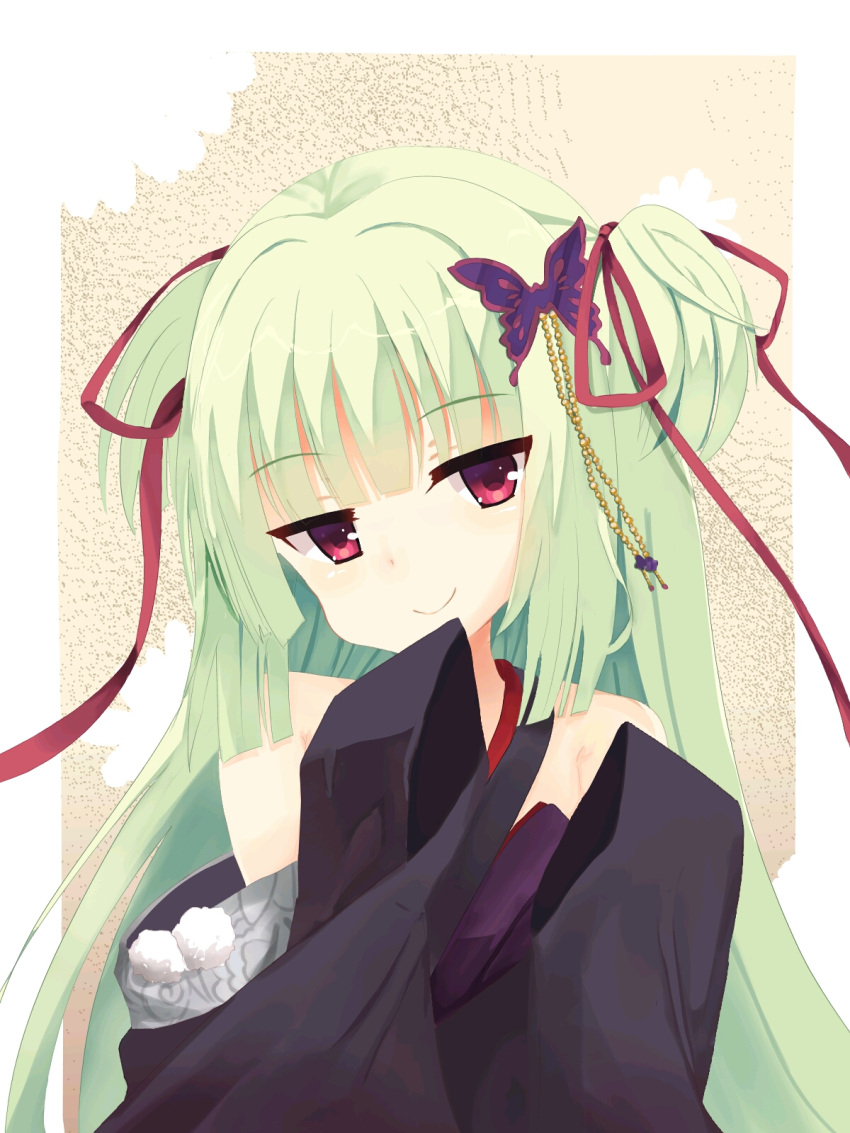 1girl bare_shoulders blue_kimono blunt_bangs blunt_ends border butterfly_hair_ornament closed_mouth commentary_request green_hair hair_ornament hair_ribbon head_tilt highres hime_cut japanese_clothes jitome kimono light_blush long_hair long_ribbon looking_at_viewer murasame_(senren) pom_pom_(clothes) red_eyes red_ribbon ribbon senren_banka sidelocks simple_background sleeves_past_fingers sleeves_past_wrists smile smug solo straight_hair tassel tassel_hair_ornament upper_body ushi-chan_(usityann) very_long_hair white_border wide_sleeves yellow_background