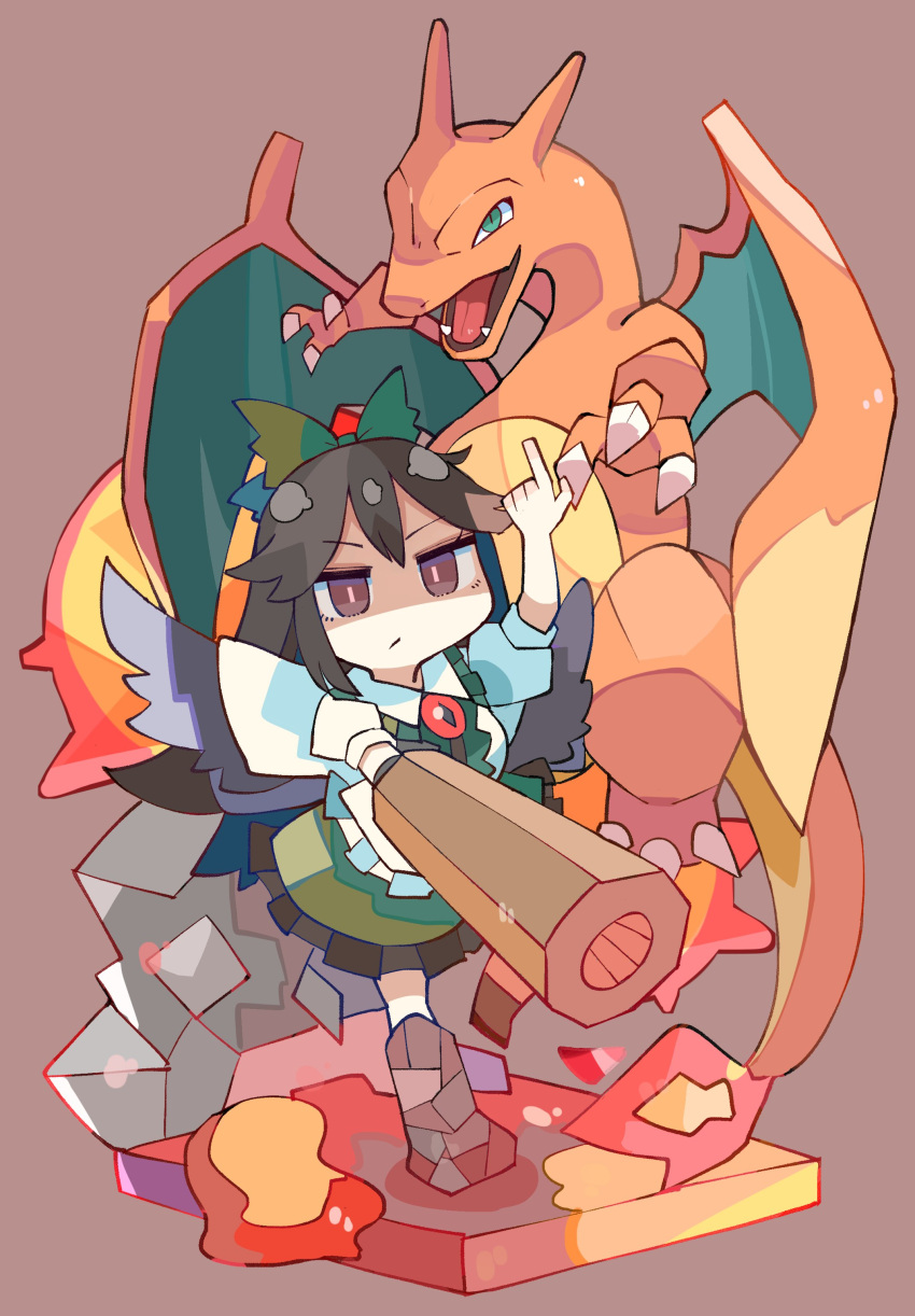1girl absurdres arm_cannon baron_(x5qgeh) bird_wings black_hair black_wings bow brown_background brown_eyes charizard closed_mouth collared_shirt crossover frilled_skirt frills green_bow green_skirt hair_between_eyes hair_bow highres long_hair pokemon pokemon_(creature) reiuji_utsuho shaded_face shirt short_sleeves simple_background skirt solo third_eye touhou weapon white_shirt wings