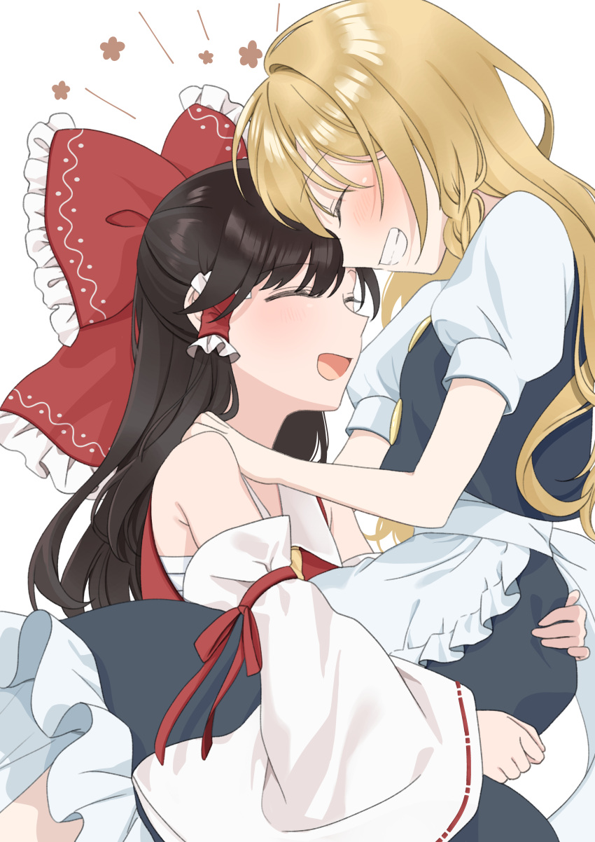 2girls absurdres apron ascot bare_shoulders black_skirt black_vest blonde_hair bow braid brown_hair buttons carrying carrying_person closed_eyes collared_shirt commentary_request detached_sleeves frilled_apron frilled_bow frilled_hair_tubes frilled_skirt frills hair_bow hair_tubes hakurei_reimu hands_on_another's_shoulders head_bump highres holding kirisame_marisa light_blush long_hair long_sleeves multiple_girls open_mouth print_bow print_sleeves puffy_short_sleeves puffy_sleeves red_bow red_ribbon red_vest ribbon ribbon-trimmed_sleeves ribbon_trim sarashi shirt short_sleeves sidelocks simple_background single_braid skirt skirt_set smile teeth touhou tsuno_no_hito upper_body vest white_apron white_background yellow_ascot yuri