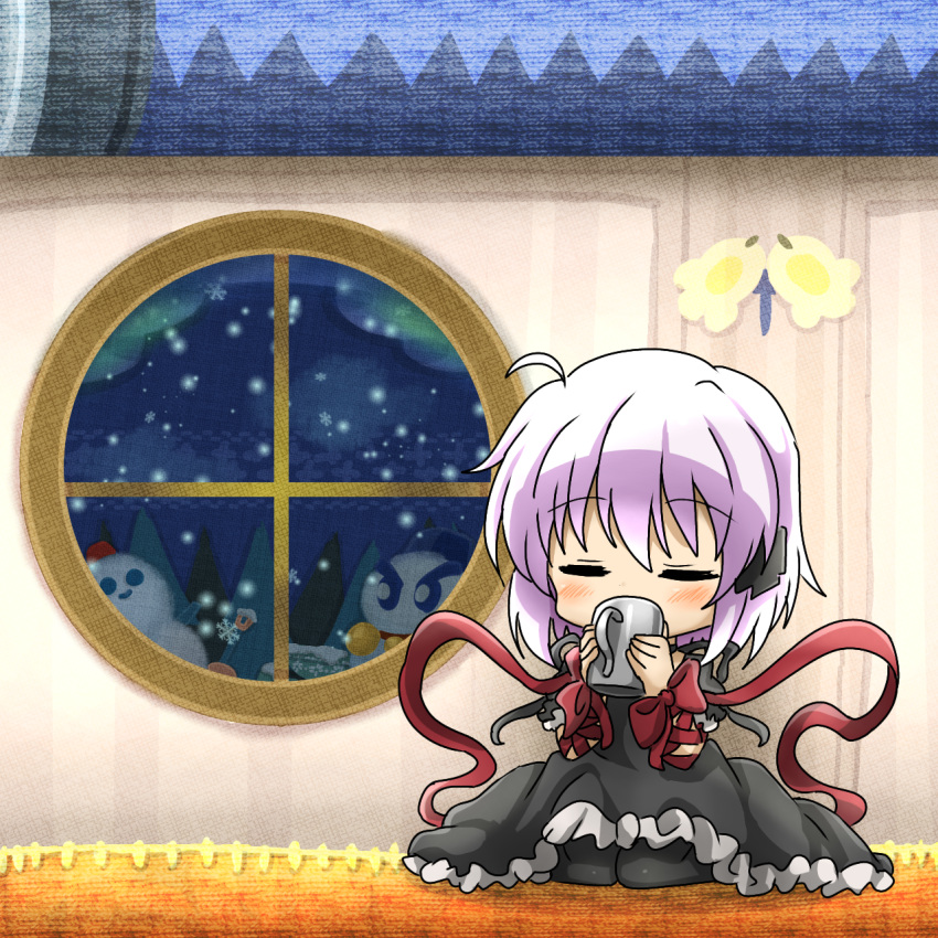 1girl =_= ahoge arm_ribbon black_dress black_pantyhose chibi closed_eyes commentary_request cross_hair_ornament crossover cup dress frilled_dress frills grey_hair hair_between_eyes hair_ornament hands_up highres holding holding_cup indoors kagari_(rewrite) kirby's_return_to_dream_land kirby_(series) long_ribbon marihei64ds pantyhose puffy_short_sleeves puffy_sleeves red_ribbon rewrite ribbon short_hair short_sleeves sitting solo wariza wrist_bow