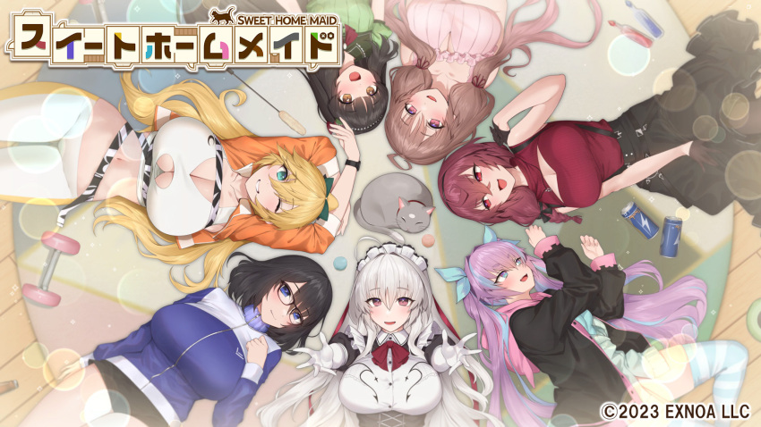 6+girls ahoge black_dress black_hair blonde_hair blue_eyes braid breasts brown_eyes brown_hair cat character_request dress dumbbell glasses gloves green_eyes hairband half_gloves highres huge_breasts jacket large_breasts long_hair lying maid maid_headdress medium_breasts multicolored_hair multiple_girls official_art on_back on_side open_clothes open_jacket outstretched_arms ponytail purple_hair red_eyes redhead short_hair small_breasts striped striped_thighhighs sweet_home_maid thigh-highs track_jacket twintails two-tone_hair violet_eyes white_hair yaman