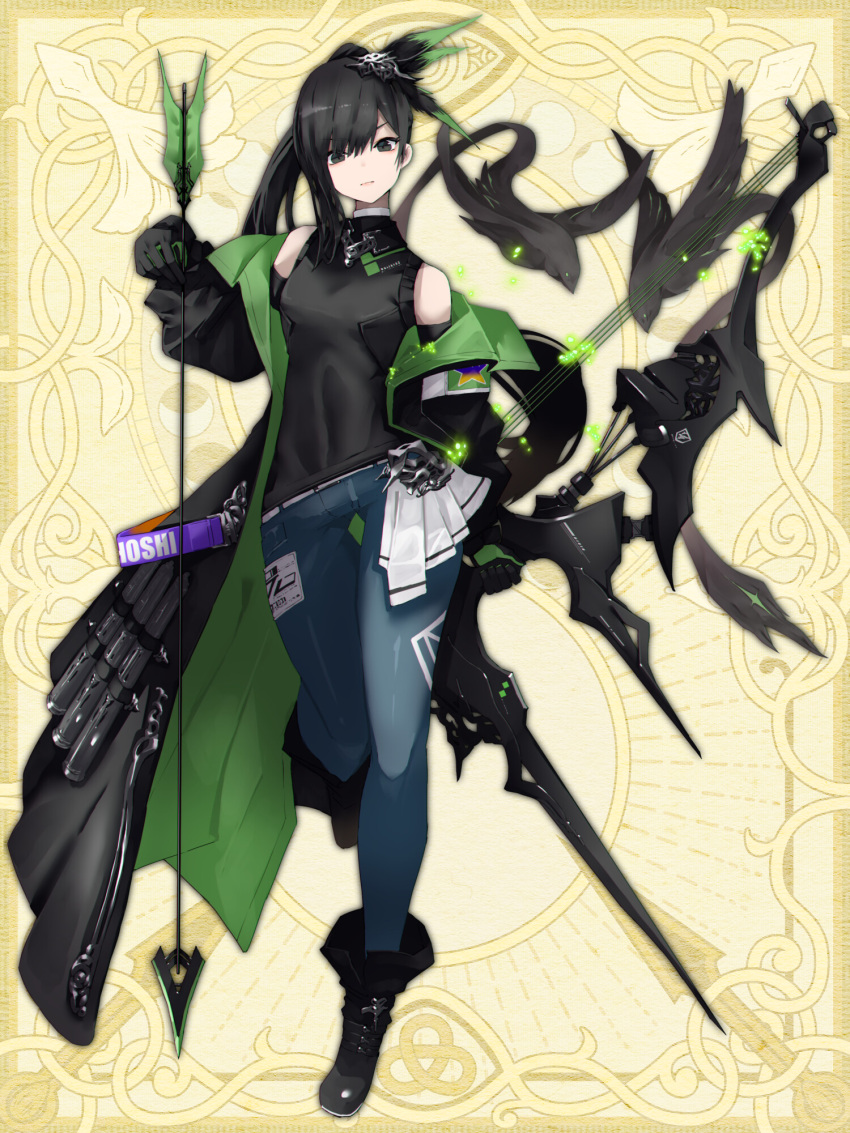 1girl arrow_(projectile) bird black_eyes black_gloves black_hair black_shirt blue_pants bow_(weapon) breasts chain_paradox coat compound_bow feather_hair_ornament feathers gloves green_coat hair_ornament highres holding holding_arrow long_hair pants ponytail red_cat_hood shiromizu_hotaru shirt small_breasts standing standing_on_one_leg weapon yellow_background