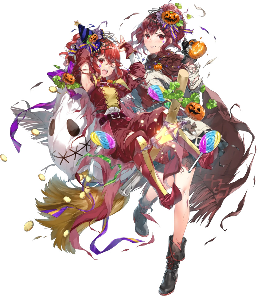 2girls ankle_boots anna_(fire_emblem) armpits arms_up belt blush boots broom broom_riding candy cape charm_(object) clenched_teeth detached_sleeves fire_emblem fire_emblem_awakening fire_emblem_engage fire_emblem_heroes food gloves hair_ornament hat highres jack-o'-lantern knee_boots lantern lollipop long_hair long_sleeves mini_party_hat miwabe_sakura multiple_girls non-web_source official_alternate_costume official_art one_eye_closed pants party_hat pointy_footwear ponytail pumpkin red_eyes redhead sack siblings side_ponytail sisters star_(symbol) star_tattoo tattoo teeth torn_cape torn_clothes torn_pants torn_sack torn_sleeves transparent_background upper_teeth_only