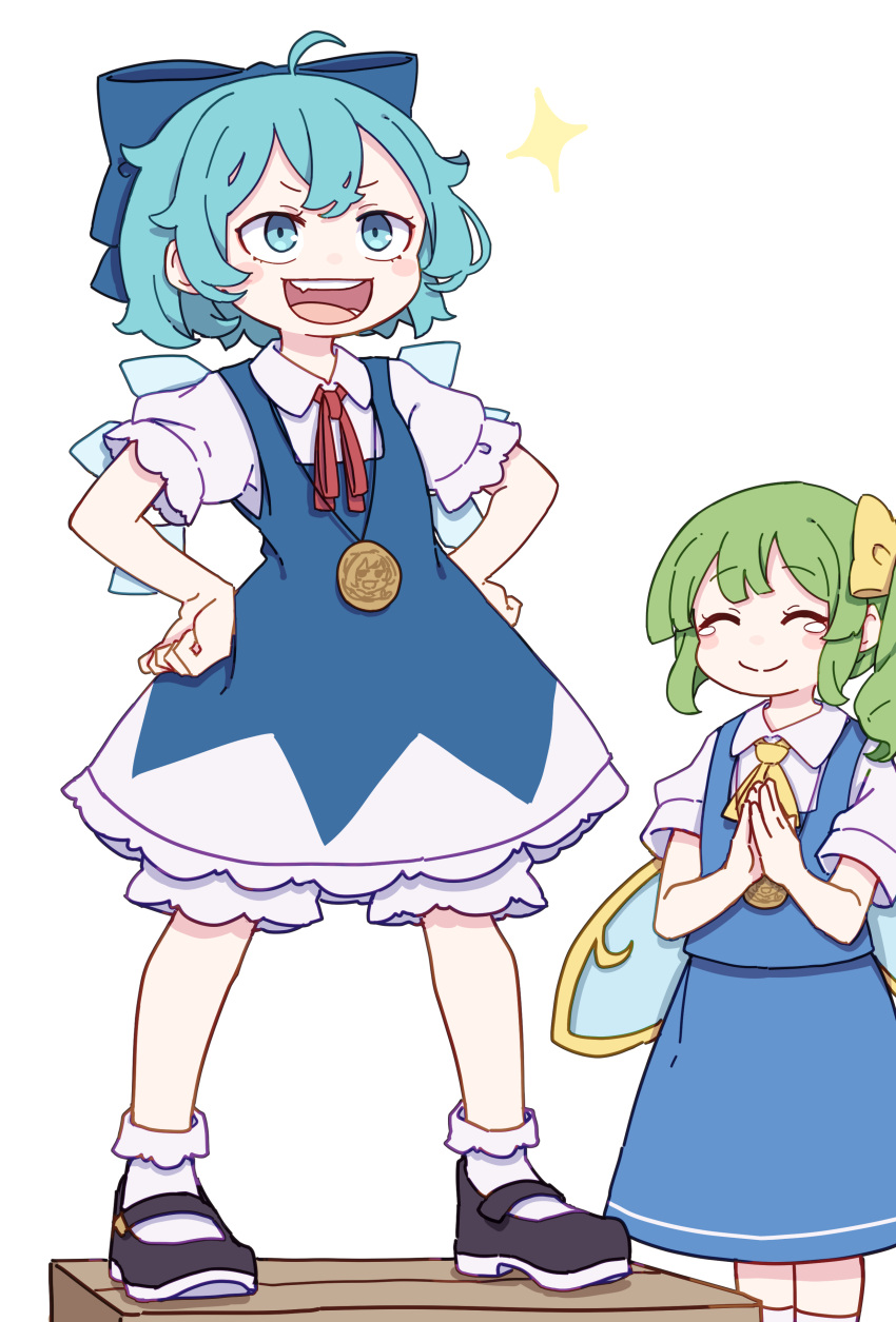 2girls absurdres ahoge ascot black_footwear blue_bow blue_dress blue_eyes blue_hair blue_skirt blue_vest blush_stickers bow cirno closed_eyes closed_mouth collared_shirt daiyousei detached_wings dress fairy fairy_wings green_hair hair_bow highres ice ice_wings kame_(kamepan44231) long_hair medal multiple_girls open_mouth pinafore_dress shirt shoes short_hair short_sleeves side_ponytail simple_background skirt sleeveless sleeveless_dress smile socks standing tears touhou vest white_background white_shirt white_socks wings yellow_ascot