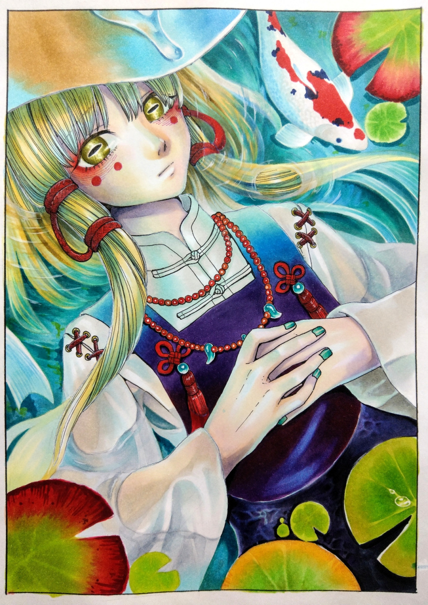 1girl blonde_hair bow brown_headwear facial_tattoo fish frog_girl green_nails hair_bow hand_on_own_chest hat highres horizontal_pupils jewelry leaf long_hair long_sleeves looking_at_viewer lying magatama magatama_necklace moriya_suwako nail nail_polish necklace on_back own_hands_together plant purple_skirt purple_vest red_bow saliva shirt skirt tattoo touhou traditional_media vest water wet wet_clothes white_shirt whoru wide_sleeves yellow_eyes
