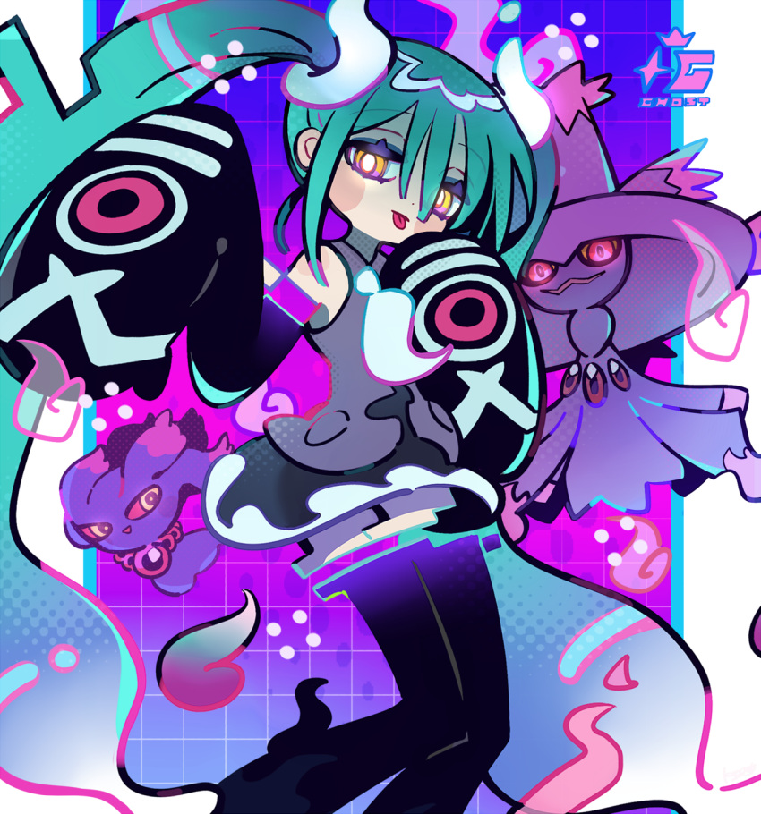 1girl aqua_hair black_thighhighs detached_sleeves ghost ghost_miku_(project_voltage) glitch gradient_hair grey_shirt hair_between_eyes hatsune_miku highres keijou_(cave) looking_at_viewer misdreavus mismagius multicolored_hair necktie pokemon pokemon_(creature) project_voltage shirt skirt sleeves_past_fingers sleeves_past_wrists thigh-highs tongue tongue_out twintails vocaloid will-o'-the-wisp_(mythology) yellow_eyes