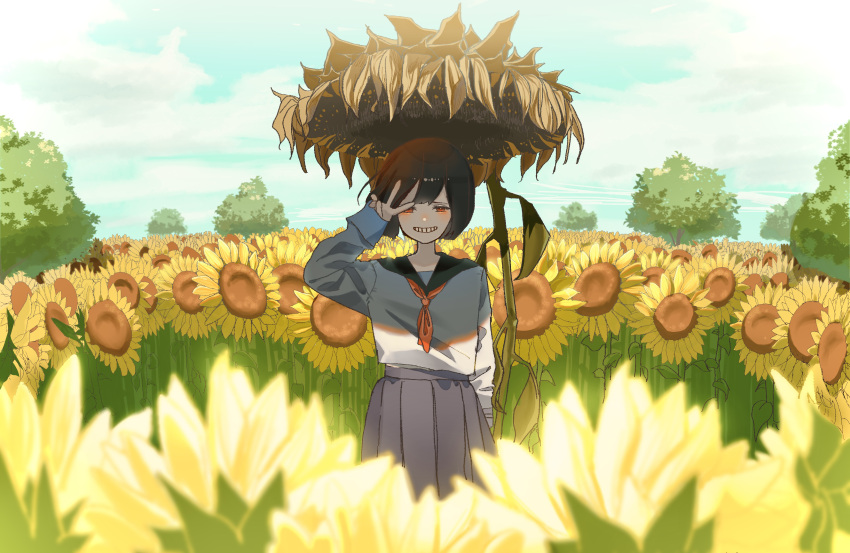 1girl absurdres arm_at_side black_sailor_collar blue_sky blurry blurry_foreground blush bob_cut brown_hair clouds cloudy_sky commentary day field flower flower_field furrowed_brow grey_skirt grin hand_to_own_face hand_up highres long_sleeves looking_at_viewer narrowed_eyes neckerchief original outdoors pleated_skirt red_eyes red_neckerchief sailor_collar scenery school_uniform self-portrait serafuku shade shirt short_hair skirt sky sleeves_past_wrists smile solo straight-on sunflower sunflower_field tree v white_shirt wilted_flower yaijima