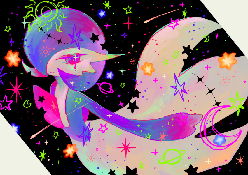 1girl absurdres alternate_color black_background blue_hair blue_skin bob_cut closed_mouth colored_skin commentary_request crescent crying doodle_inset flat_chest full_body gardevoir hair_over_one_eye half-closed_eyes highres looking_at_viewer meteor_shower multicolored_skin one_eye_covered otonoha_aika planet pokemon pokemon_(creature) shiny_pokemon short_hair solo sparkle standing star_(symbol) tears two-tone_skin violet_eyes white_skin
