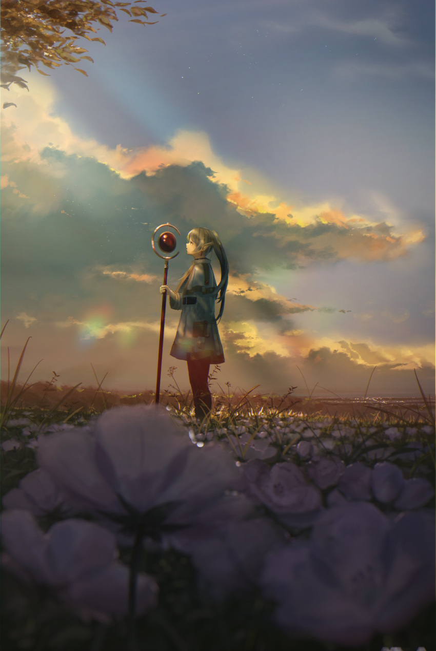 1girl absurdres clouds dwarf earrings elf flower frieren from_below grass highres holding holding_staff jewelry mage_staff oneires outdoors pointy_ears scenery solo sousou_no_frieren staff twintails white_hair wizard