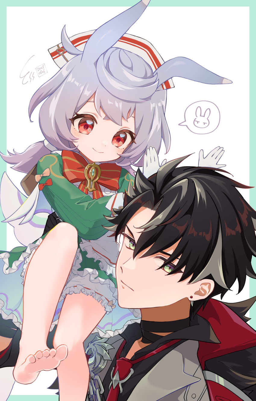 1boy 1girl absurdres animal_ears barefoot black_hair black_shirt bloomers bow bowtie child closed_mouth collared_shirt dated ear_piercing feet genshin_impact gloves green_eyes grey_hair hat highres jacket long_sleeves low_twintails multicolored_hair necktie piercing pinocle red_bow red_bowtie red_eyes red_necktie shirt sigewinne_(genshin_impact) signature simple_background sitting_on_shoulder soles toes twintails underwear white_bloomers white_gloves wriothesley_(genshin_impact)