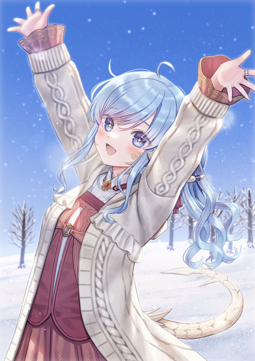 1girl ahoge au_ra blue_eyes blue_hair blush coat commentary commission dress final_fantasy final_fantasy_xiv highres jewelry lulinco open_clothes open_coat original ring skeb_commission snow snowing solo sparkling_eyes tree white_coat