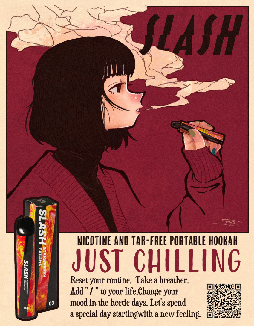 1girl aqua_nails black_hair blending electronic_cigarette english_text expressionless green_nails highres holding original parted_lips profile qr_code red_background red_sweater short_hair signature solo sweater syooooyoooo vaping