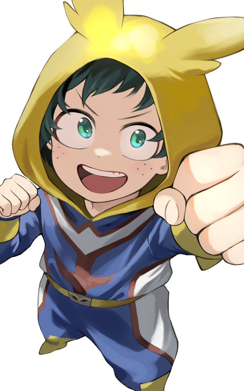 1boy :d absurdres all_might all_might_(cosplay) boku_no_hero_academia child clenched_hands cosplay fengling_(furin-jp) freckles green_eyes green_hair highres male_focus midoriya_izuku short_hair smile solo