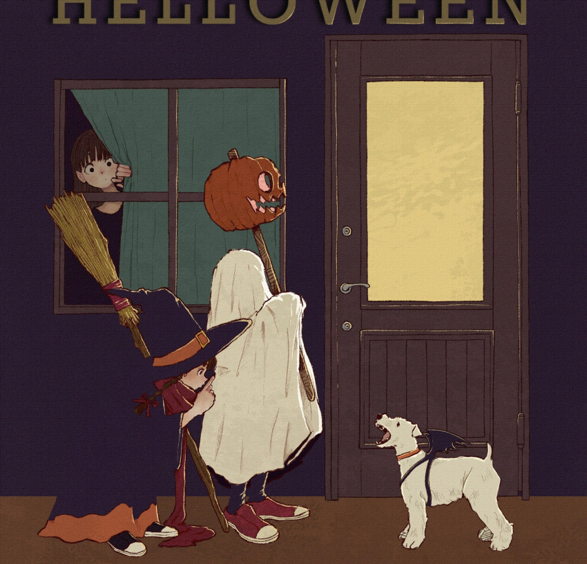 1other 2girls black_footwear blending blush broom curtains door finger_to_mouth ghost_costume halloween_costume hat highres holding holding_broom jack-o'-lantern multiple_girls original red_footwear shoes shushing syooooyoooo white_dog window witch_hat