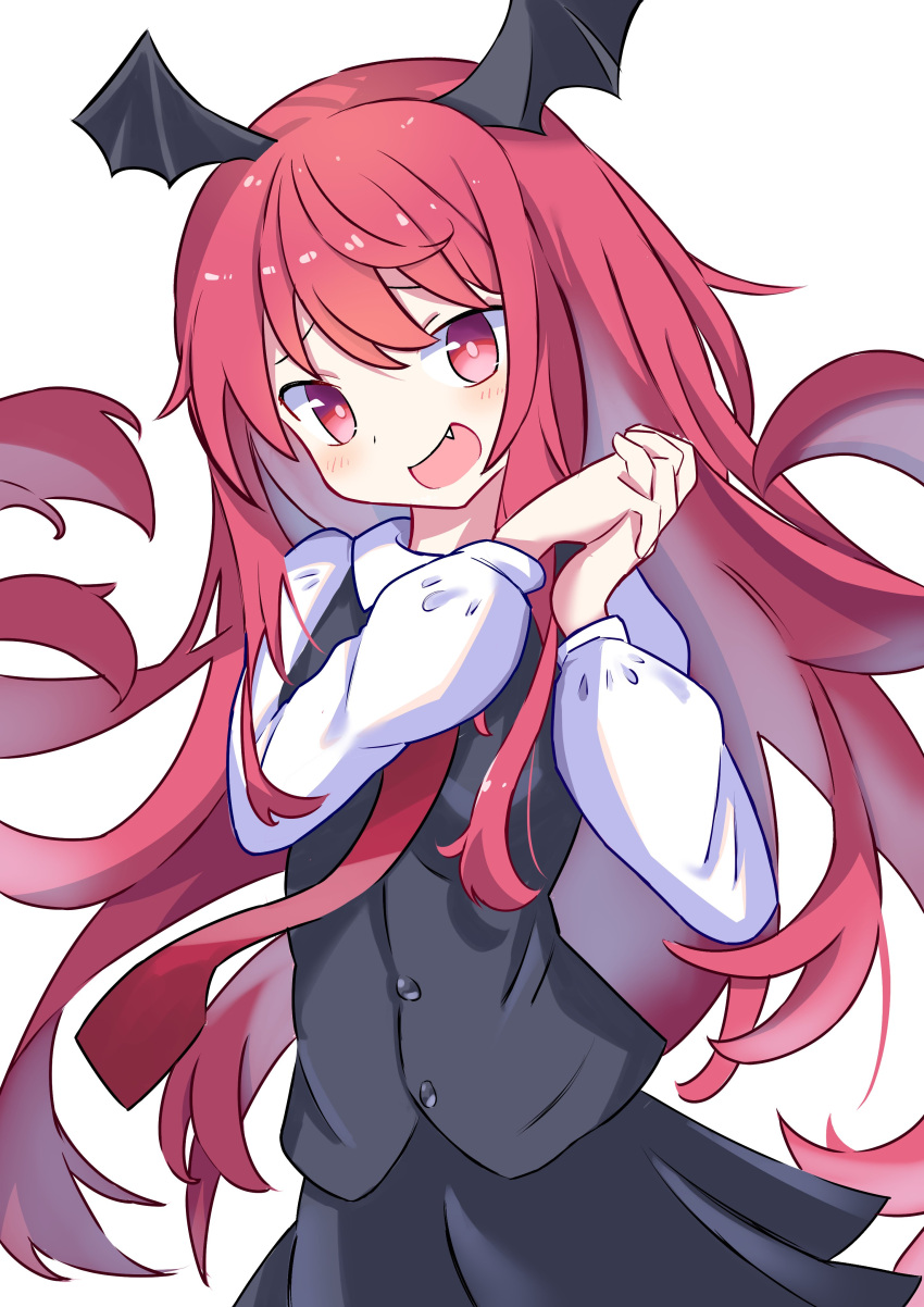1girl absurdres black_skirt black_vest blush breasts collared_shirt commentary demon_girl demon_wings fang hair_between_eyes head_wings highres holding_hands koakuma long_hair long_sleeves looking_at_viewer necktie open_mouth red_eyes red_necktie redhead saimu_taju shirt simple_background skirt small_breasts smile solo touhou vest white_background white_shirt wings