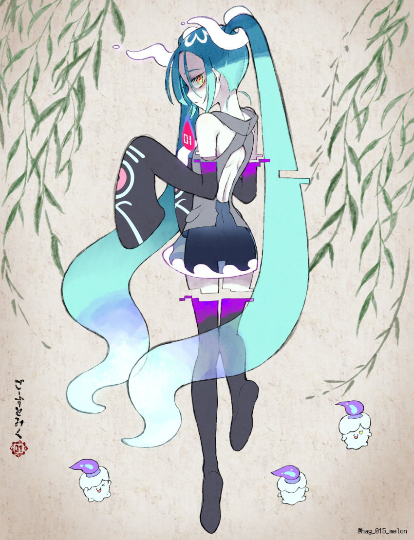 1girl absurdres aqua_hair back_cutout black_thighhighs clothing_cutout detached_sleeves floating ghost ghost_miku_(project_voltage) glitch gradient_hair grey_shirt hagehiro hair_between_eyes hatsune_miku highres litwick looking_at_viewer looking_back multicolored_hair necktie pale_skin pokemon pokemon_(creature) project_voltage see-through see-through_skirt shirt skirt sleeves_past_fingers sleeves_past_wrists thigh-highs twintails vocaloid will-o'-the-wisp_(mythology) yellow_eyes