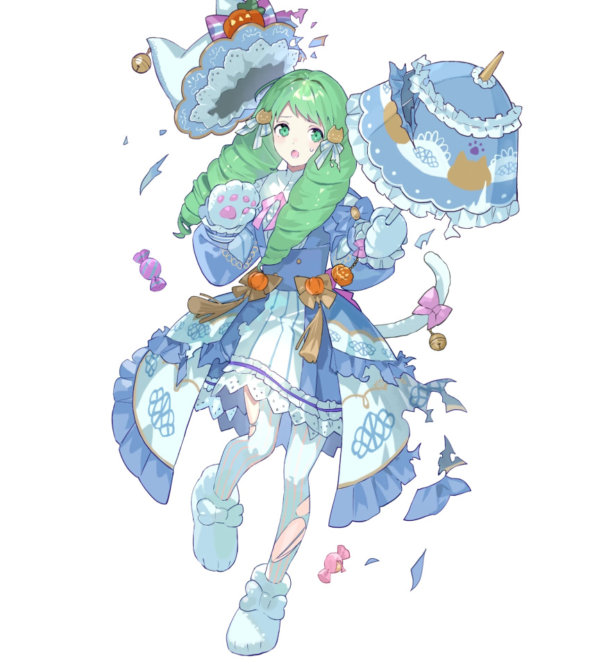 1girl alternate_costume animal_hands bell blush candy cat_tail detached_sleeves dress drill_hair fake_tail fire_emblem fire_emblem_heroes flayn_(fire_emblem) flayn_(halloween)_(fire_emblem) food frills full_body gloves green_eyes green_hair hair_ornament hat highres holding holding_umbrella jack-o'-lantern jingle_bell long_hair long_sleeves non-web_source official_alternate_costume official_art open_mouth pantyhose paw_gloves paw_print paw_shoes pumpkin ribbon short_dress skirt striped sweat sweatdrop tail tobi_(kotetsu) torn_clothes torn_pantyhose torn_skirt transparent_background umbrella vertical_stripes