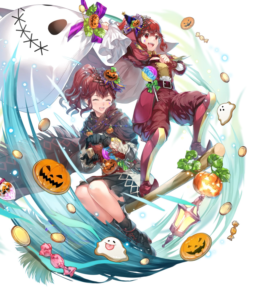 2girls ankle_boots anna_(fire_emblem) belt boots broom broom_riding candy cape closed_eyes cookie detached_sleeves fire_emblem fire_emblem_awakening fire_emblem_engage fire_emblem_heroes food gloves gold hair_ornament hat highres holding jack-o'-lantern knee_boots lantern lollipop long_hair long_sleeves mini_party_hat miwabe_sakura multiple_girls non-web_source official_alternate_costume official_art open_mouth pants party_hat pointy_footwear ponytail pumpkin red_eyes redhead sack siblings side_ponytail sidelocks sisters skirt smile star_(symbol) star_tattoo tattoo teeth transparent_background upper_teeth_only