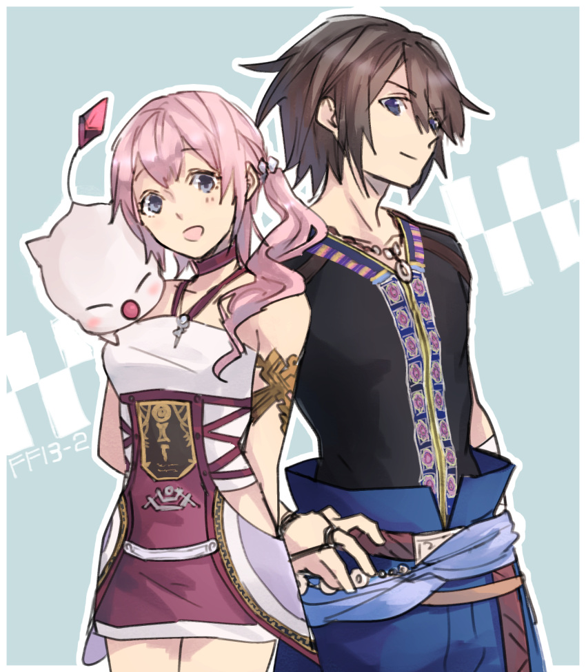 1boy 1girl blue_eyes closed_mouth collarbone final_fantasy final_fantasy_xiii final_fantasy_xiii-2 hamagurihime highres jewelry long_hair moogle necklace noel_kreiss open_mouth pink_hair serah_farron side_ponytail skirt smile thigh-highs