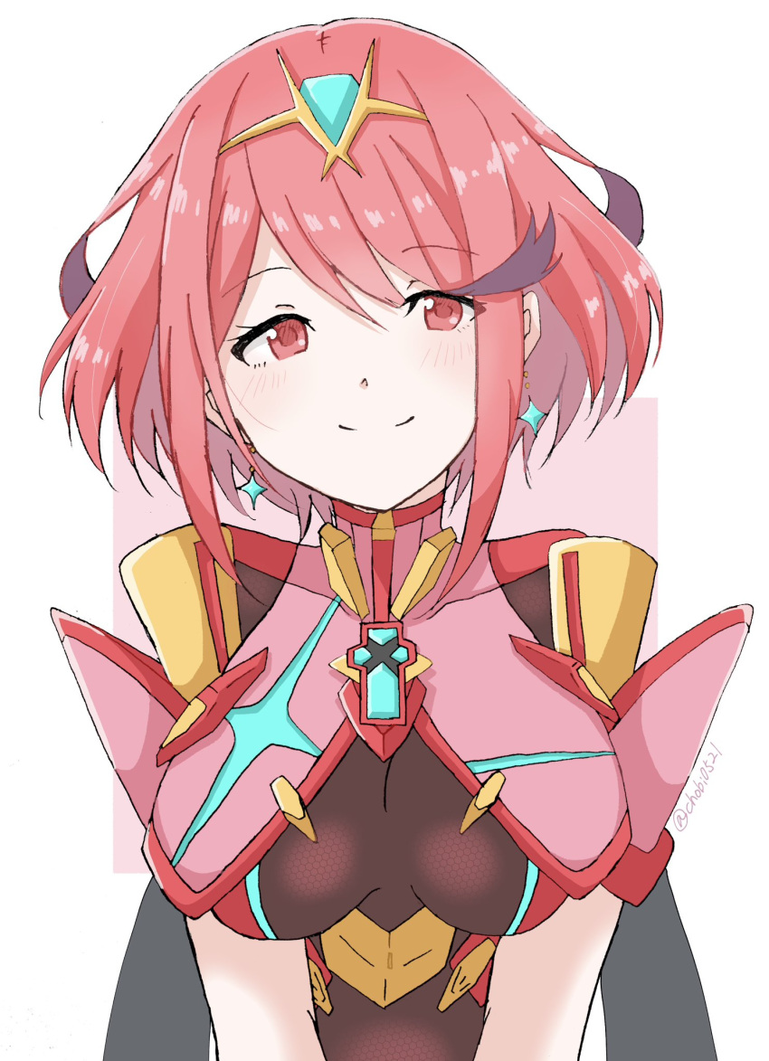 1girl bob_cut breasts chest_jewel chobi0521 drop_earrings earrings highres impossible_clothes jewelry large_breasts pyra_(xenoblade) red_eyes redhead short_hair short_sleeves skindentation solo swept_bangs tiara upper_body xenoblade_chronicles_(series) xenoblade_chronicles_2