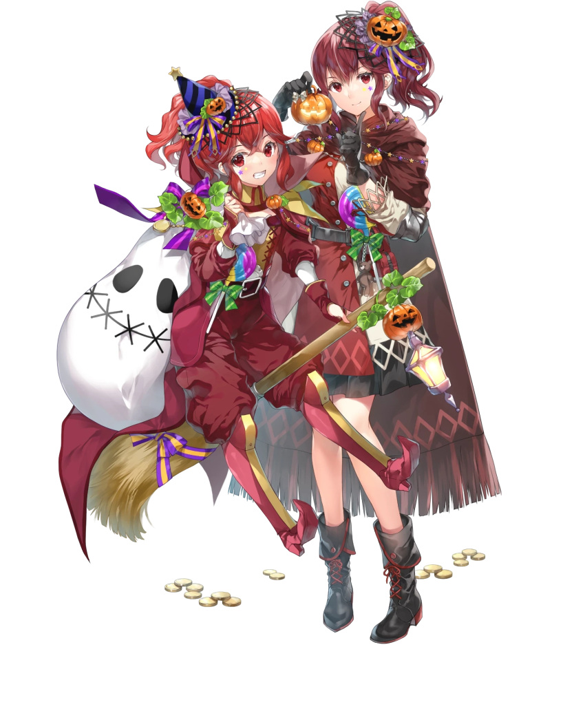 2girls anna_(fire_emblem) belt boots cape detached_sleeves fire_emblem fire_emblem_awakening fire_emblem_engage fire_emblem_heroes gloves hair_ornament highres jack-o'-lantern knee_boots long_hair long_sleeves miwabe_sakura multiple_girls non-web_source official_alternate_costume official_art pants ponytail pumpkin red_eyes redhead siblings side_ponytail sisters star_(symbol) star_tattoo tattoo transparent_background