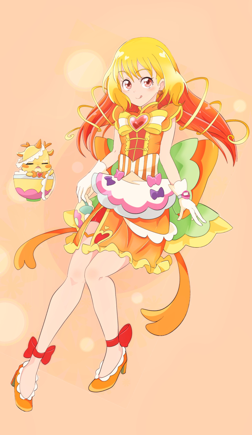 1girl :q alternate_hairstyle ankle_ribbon apron back_bow bike_shorts blonde_hair bow bowtie brooch bun_cover chinese_clothes closed_mouth commentary_request cure_yum-yum delicious_party_precure dress earrings gloves gradient_hair green_bow hair_down hanamichi_ran heart heart_brooch high_collar high_heels highres holding_hair_ornament huge_bow jewelry leg_ribbon long_hair looking_at_viewer magical_girl medium_dress mem-mem_(precure) mochi_curry multicolored_hair one_eye_closed orange_bow orange_dress orange_footwear partial_commentary precure red_eyes red_shorts ribbon shorts shorts_under_dress side_slit sleeveless sleeveless_dress smile solo standing standing_on_one_leg tongue tongue_out two-tone_bow waist_apron watch watch white_apron white_gloves yellow_bow yellow_bowtie