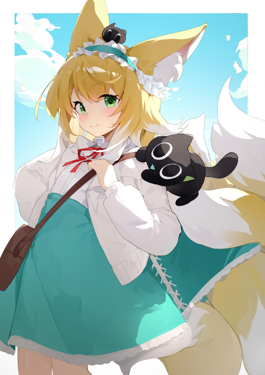1girl absurdres animal_ear_fluff animal_ears aqua_hairband aqua_skirt arknights bag black_cat blonde_hair blush brown_bag cardigan cat closed_mouth colored_tips creature_on_head cross-laced_clothes cross-laced_skirt cross-laced_slit crossover fox_ears fox_girl fox_tail frilled_hairband frills green_eyes hair_ornament hair_scrunchie hairband heixiu high-waist_skirt highres holding_strap kitsune kyuubi long_hair long_sleeves looking_at_viewer luo_xiaohei luo_xiaohei_zhanji multicolored_hair multiple_tails neck_ribbon official_alternate_costume on_head open_cardigan open_clothes puffy_long_sleeves puffy_sleeves red_ribbon ribbon scrunchie shirt shoulder_bag skirt smile split_mouth suzuran_(arknights) suzuran_(spring_praise)_(arknights) tail teketi two-tone_hair white_cardigan white_hair white_shirt