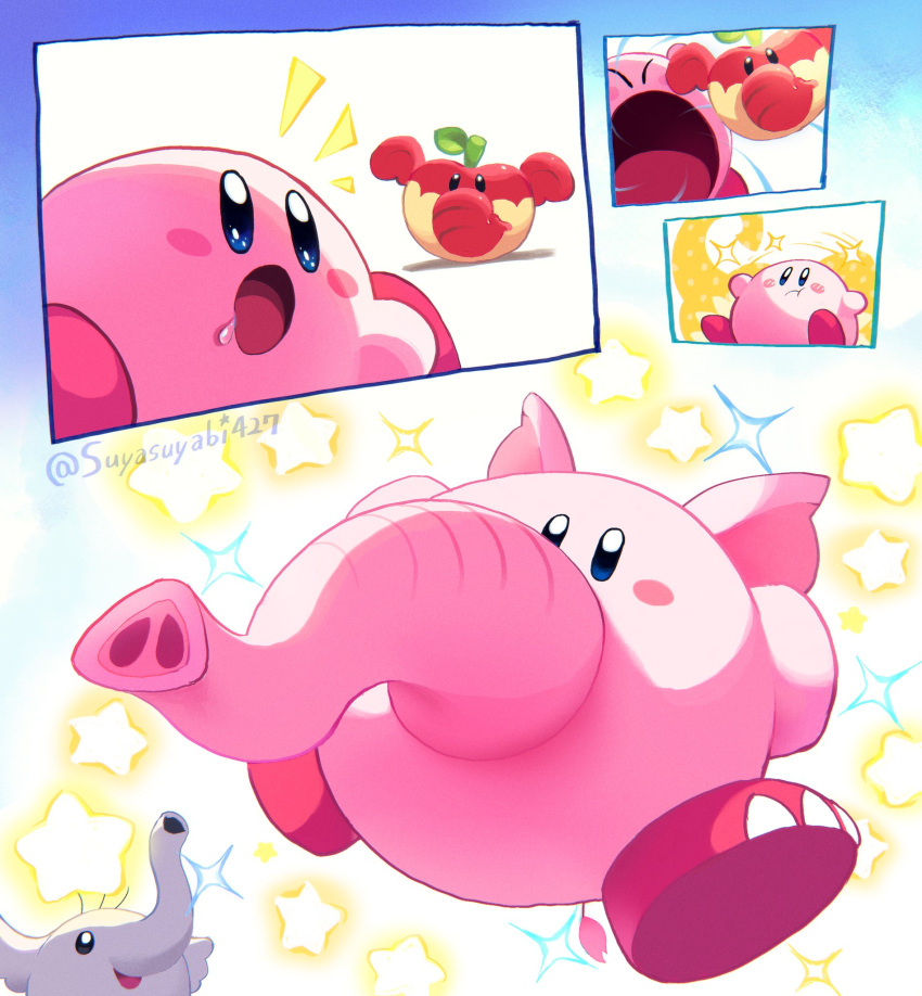 :o :t artist_name blue_background blue_eyes blush blush_stickers closed_eyes closed_mouth drooling elephant elephant_ears elephant_fruit elephant_tail food fruit highres hungry inhaling kirby kirby_(series) no_humans notice_lines open_mouth phan_phan simple_background smile sparkle star_(symbol) super_mario_bros. super_mario_bros._wonder suyasuyabi twitter_username white_background