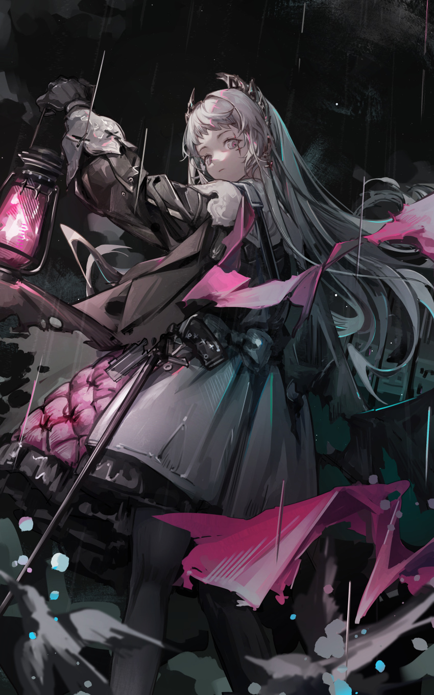 1girl absurdres arknights arm_up black_cape black_gloves black_pantyhose black_shirt black_sky cape closed_mouth commentary earrings feet_out_of_frame from_behind gloves grey_eyes grey_hair grey_skirt head_wings highres holding holding_lantern irene_(arknights) jewelry lantern long_hair long_sleeves looking_at_viewer looking_back mido_(mido_chen) night pantyhose rain rapier red_scarf scar scar_across_eye scarf shirt skirt sky solo sword torn_cape torn_clothes torn_scarf weapon wings