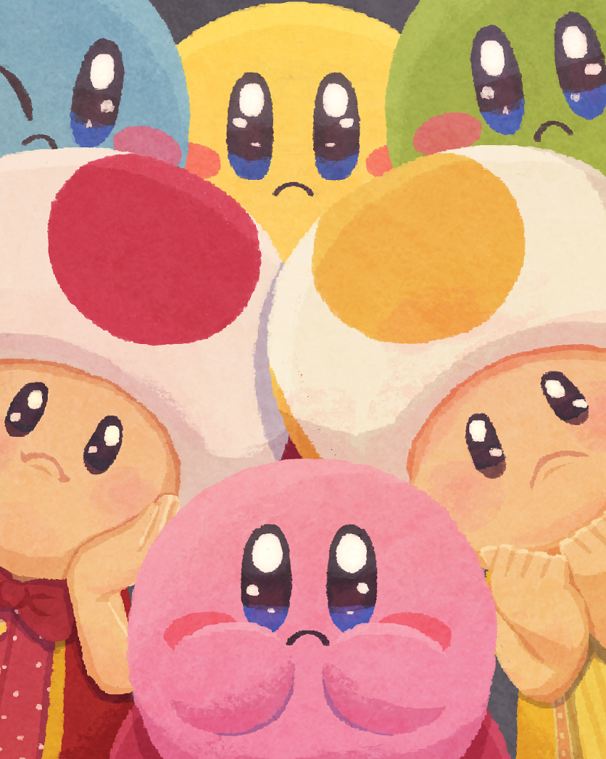 blue_skin blush_stickers bow bowtie colored_skin commentary_request crossover green_skin highres kirby kirby_(series) looking_at_viewer miclot one_eye_closed pink_skin solid_oval_eyes super_mario_bros. the_super_mario_bros._movie toad_(mario) yellow_skin