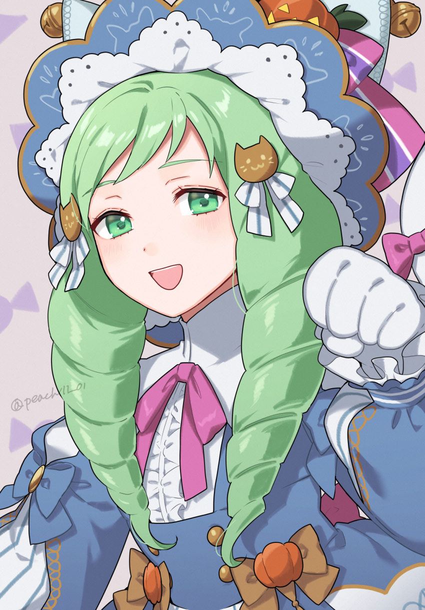 1girl :d blue_dress bow cat_hair_ornament commentary_request dress fire_emblem fire_emblem:_three_houses fire_emblem_heroes flayn_(fire_emblem) gloves green_eyes green_hair hair_bow hair_ornament hand_up hat highres long_hair looking_at_viewer neck_ribbon official_alternate_costume open_mouth peach11_01 purple_ribbon ribbon smile solo upper_body white_bow white_gloves