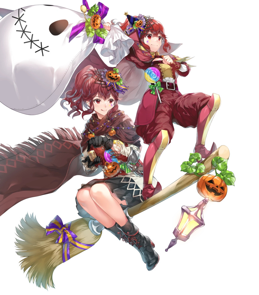 2girls ankle_boots anna_(fire_emblem) belt boots broom broom_riding cape closed_mouth detached_sleeves fire_emblem fire_emblem_awakening fire_emblem_engage fire_emblem_heroes gloves gold hair_ornament hat highres holding jack-o'-lantern knee_boots lantern long_hair long_sleeves mini_party_hat miwabe_sakura multiple_girls non-web_source official_alternate_costume official_art pants party_hat pointy_footwear ponytail pumpkin red_eyes redhead ribbon sack siblings side_ponytail sidelocks sisters skirt star_(symbol) star_tattoo tattoo tongue tongue_out transparent_background