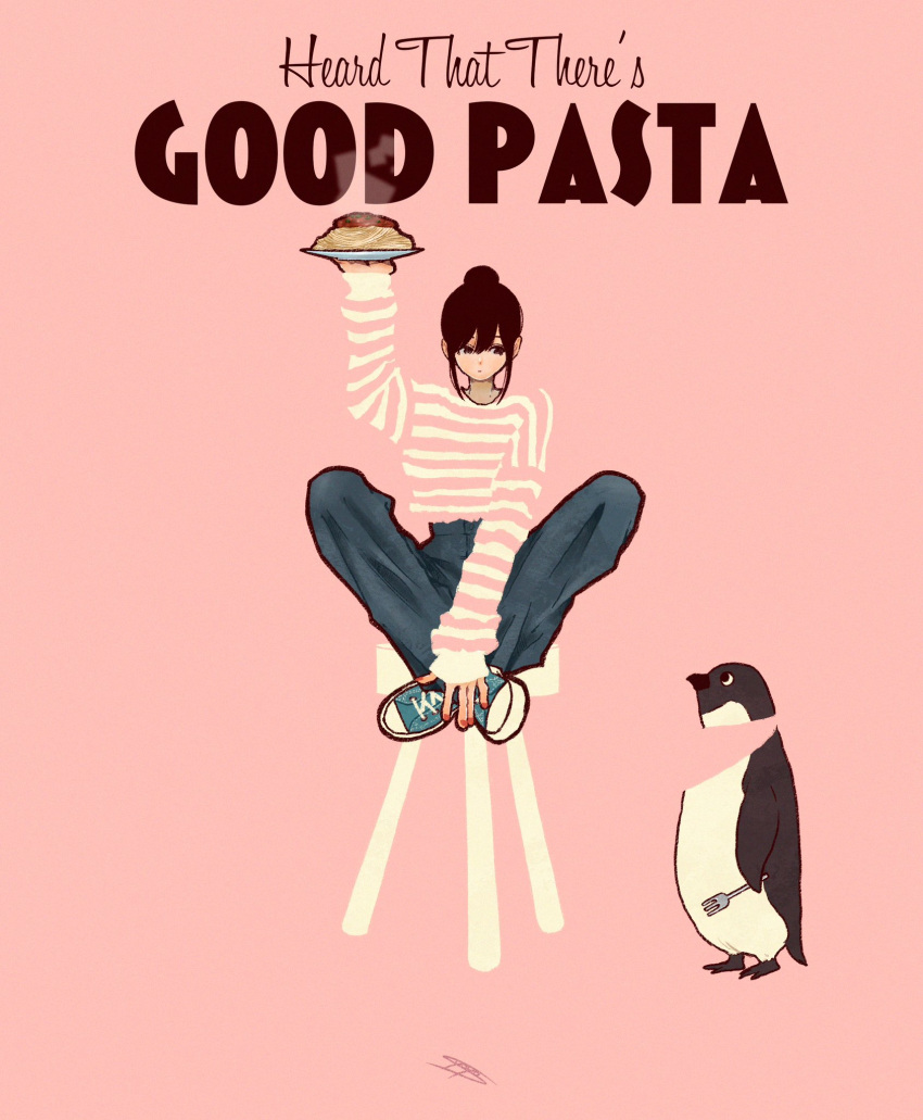1girl bird black_hair blending blue_footwear blue_pants english_text food hair_bun highres holding holding_food original pants pasta penguin pink_background plate red_nails shirt shirt_tucked_in shoes signature simple_background solo spaghetti steam striped striped_shirt syooooyoooo wide_shot