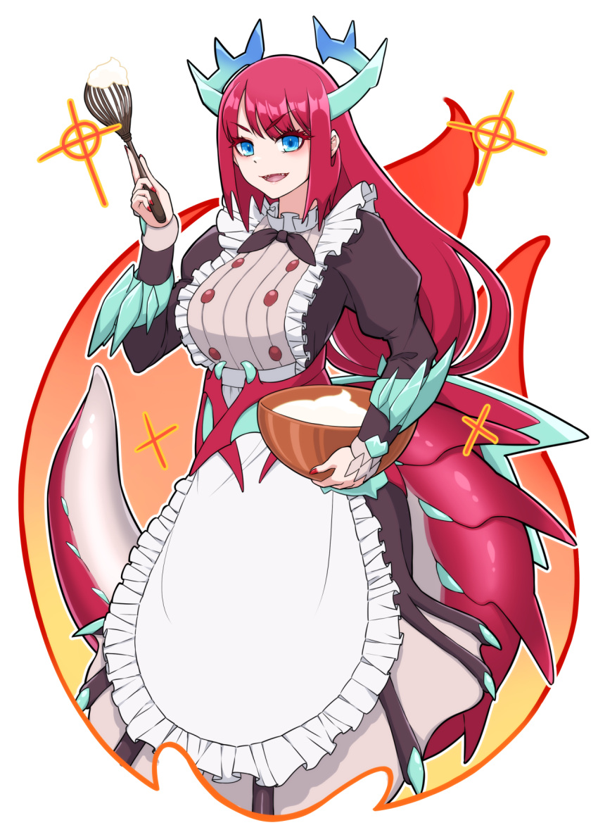 apron blue_eyes breasts cake_batter dragon_girl dragon_horns dragon_tail duel_monster highres holding holding_whisk horns kitchen_dragonmaid large_breasts maid mixing_bowl red_nails redhead tail whisk white_apron yata_masahara yu-gi-oh!