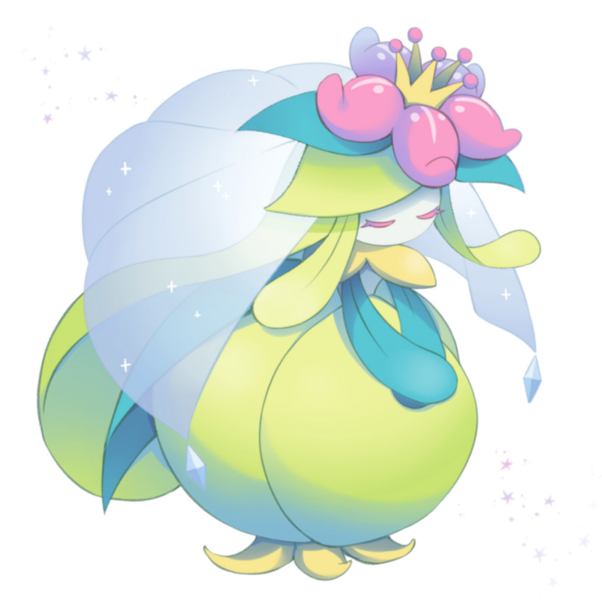 1girl alternate_color bowing closed_eyes colored_skin crown flower full_body green_hair highres lilligant long_hair mini_crown ms_misubaru_mk2 no_humans own_hands_together pink_flower pokemon pokemon_(creature) shiny_pokemon solo standing veil white_background white_skin