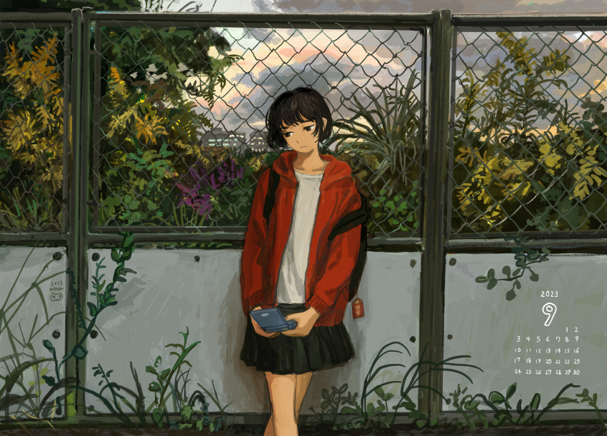 1girl against_fence artist_name backpack bag black_hair black_skirt brown_eyes calendar_(medium) chain-link_fence clouds cloudy_sky crossed_legs dated fence game_boy_advance_sp handheld_game_console highres hood hoodie landscape looking_down minahamu nature nervous original outdoors red_hoodie scenery september shirt skirt sky solo white_shirt
