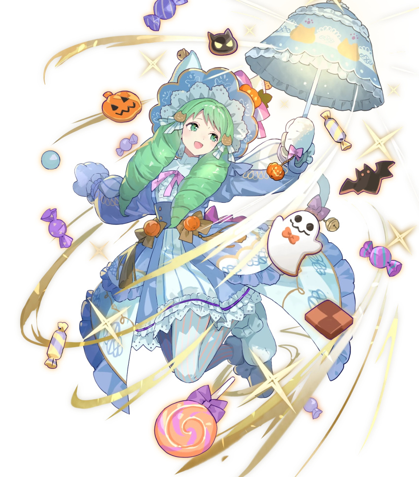 1girl alternate_costume animal_hands bell candy cat_tail cookie detached_sleeves dress drill_hair fake_tail fire_emblem fire_emblem_heroes flayn_(fire_emblem) flayn_(halloween)_(fire_emblem) food frills full_body gloves glowing green_eyes green_hair hair_ornament hat highres holding holding_umbrella jack-o'-lantern jingle_bell lollipop long_hair long_sleeves non-web_source official_alternate_costume official_art open_mouth pantyhose paw_gloves paw_shoes pumpkin ribbon short_dress smile sparkle striped tail tobi_(kotetsu) transparent_background umbrella vertical_stripes