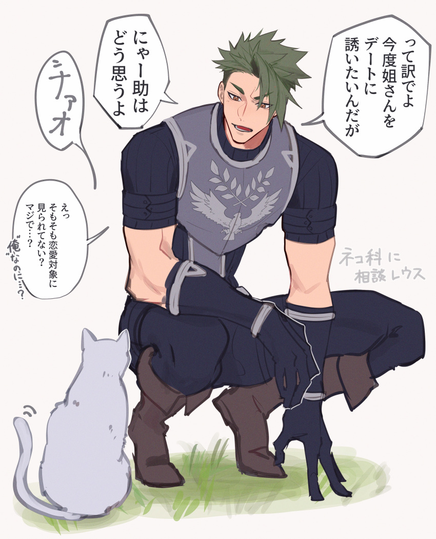 1boy absurdres achilles_(fate) animal armor black_gloves black_pants black_shirt boots brown_eyes brown_footwear cat fate/apocrypha fate_(series) gloves green_hair grey_background haruakira highres lower_teeth_only male_focus mature_male muscular muscular_male open_mouth pants ribbed_shirt shirt short_hair solo squatting teeth translation_request undercut white_cat