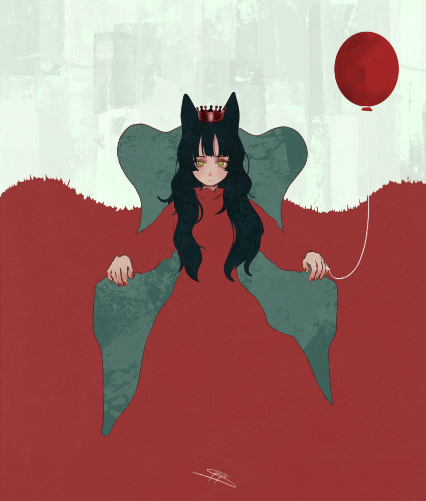 1girl animal_ears balloon black_hair blending crown dress expressionless highres long_hair looking_at_viewer original red_background red_dress red_nails signature solo syooooyoooo yellow_eyes