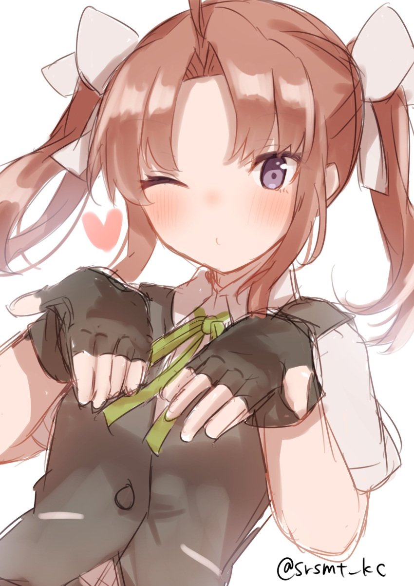 1girl ahoge black_gloves black_vest blowing_kiss brown_hair collared_shirt dress_shirt fingerless_gloves gloves green_ribbon hair_ribbon highres kagerou_(kancolle) kantai_collection neck_ribbon one_eye_closed ribbon school_uniform shirasumato shirt short_sleeves simple_background solo twintails twitter_username upper_body vest violet_eyes white_background white_ribbon white_shirt